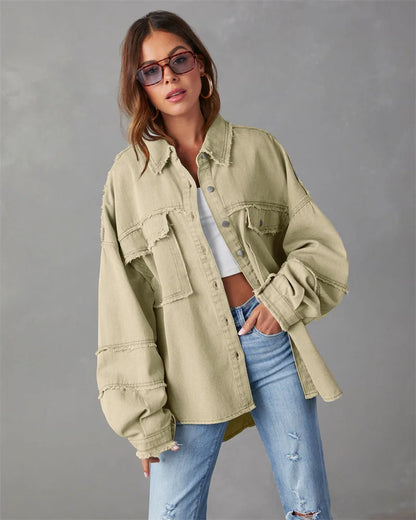 2025 Spring Autumn Shirt Style Denim Jacket Women Holes Raw-edges Jeancoat Casual Tops Female Oversize Loose Outerwear 7 Colors