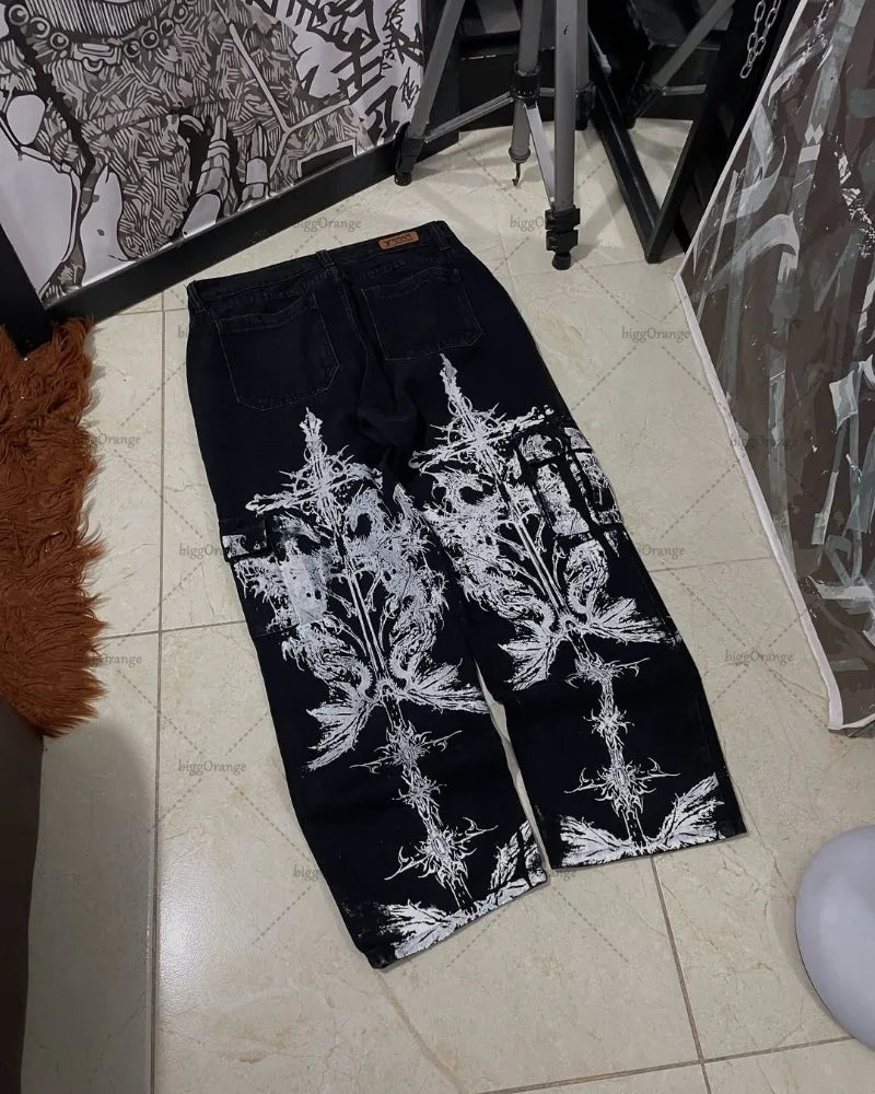 New Hip-hop Punk Harajuku Y2K Streetwear Trousers Women Goth Cross Print Baggy Jeans American Retro High Waist Wide-leg Pants