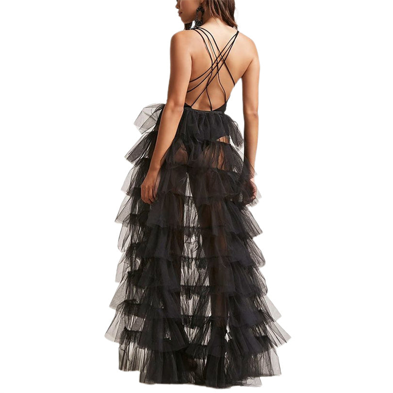 Puloru Tied-Up Mesh Tulle Long Skirts Elegant Party Wedding Wear for Women Solid Color Irregular Floor-Length Layered Skirts