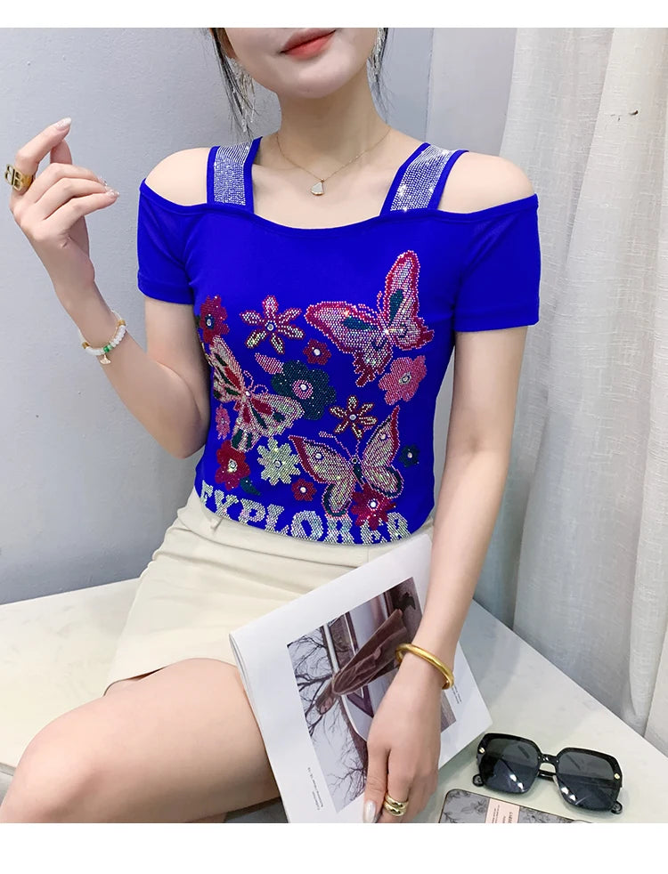 New Arrival Summer European Clothes Women's T-Shirts Chic Luxury Butterfly Hot Diamonds Tees Sexy Girl Slim Streetwear Tops