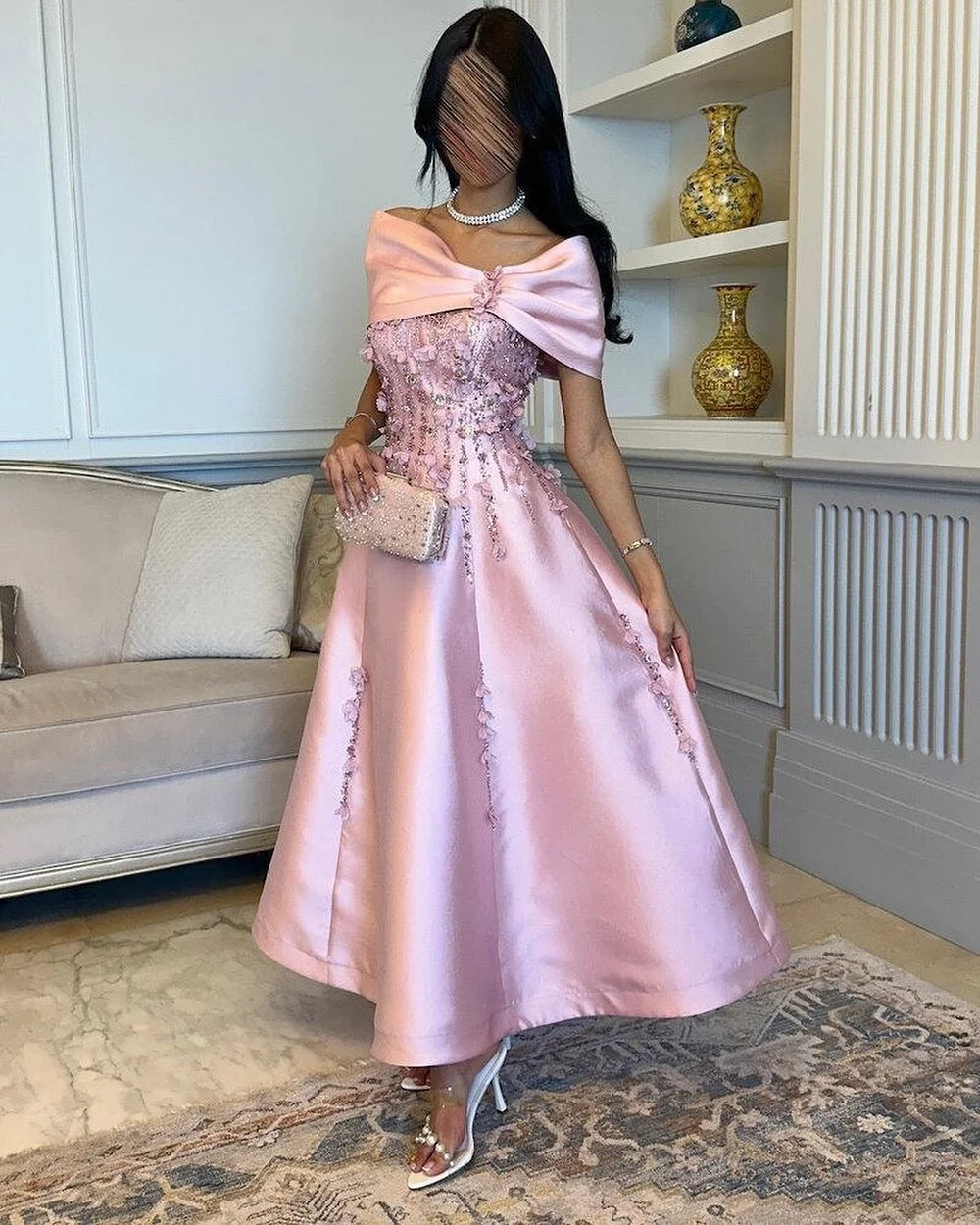 Customized Elegant Charmeuse Sequined Beading A-line Off-the-shoulder Midi Dresses Bespoke Occasion  Chinese Style Badiee Stylez