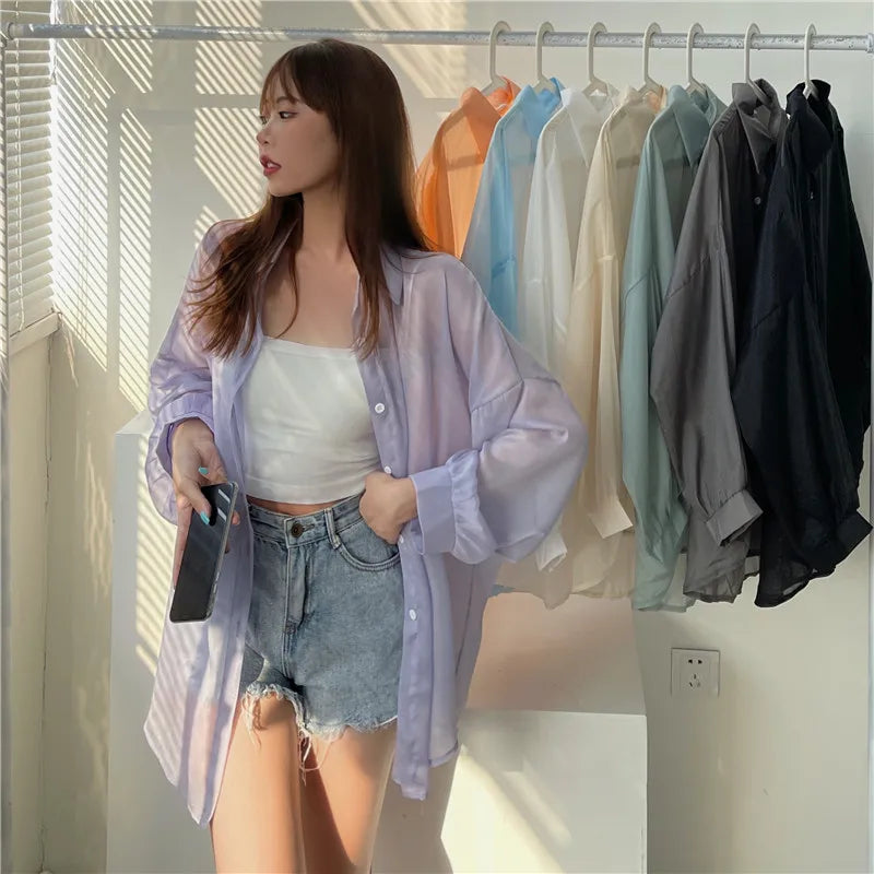 Semi Sheer Long Sleeve Shirt for Women Shimmer Button Down Collared Plain Lightweight Shirt Spring Summer Chic Tops Outfit