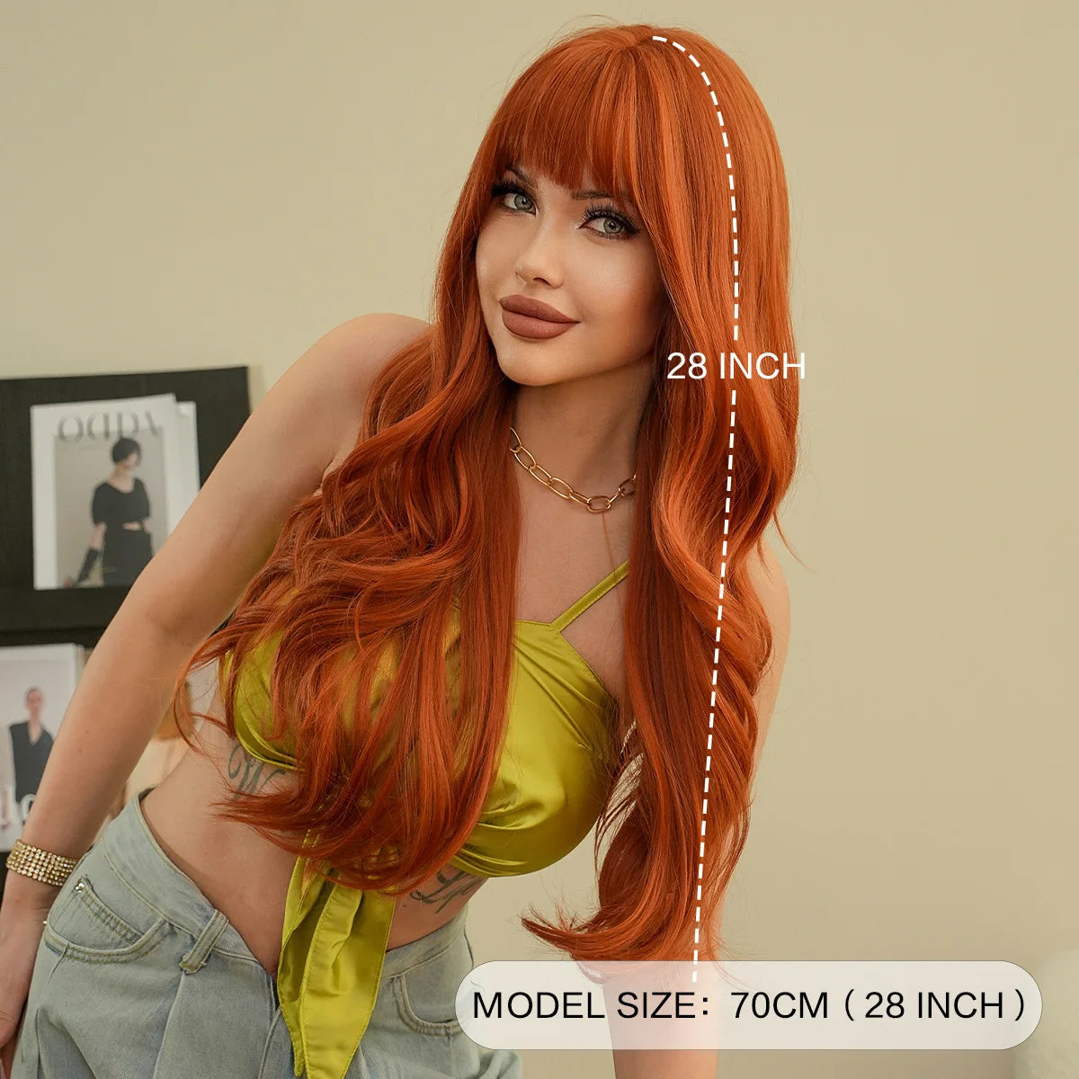 New fashion orange synthetic wig with fringe long curly hair festival daily wig high temperature silk full head cover
