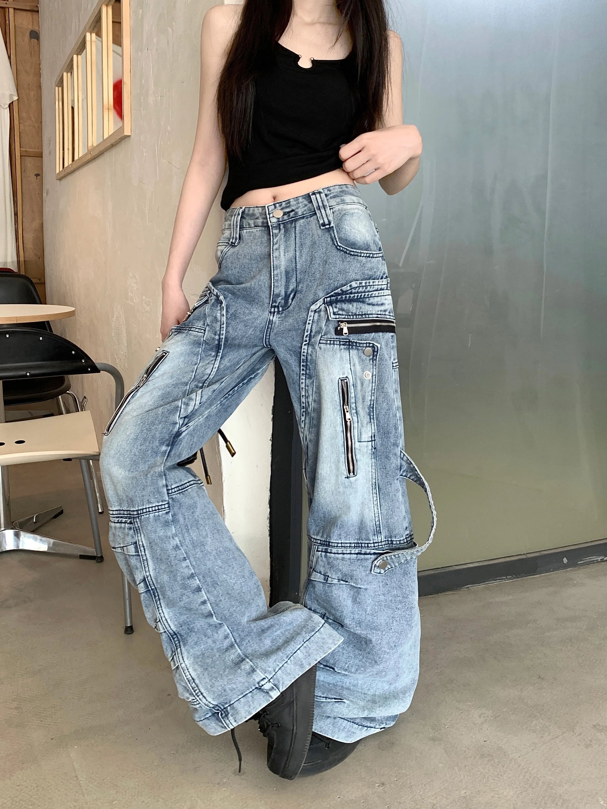 Women's Blue Cargo Baggy Jeans Y2K American High Street Oversize Harajuku Aesthetic Vintage Jeans Pants Trousers Clothing 2025