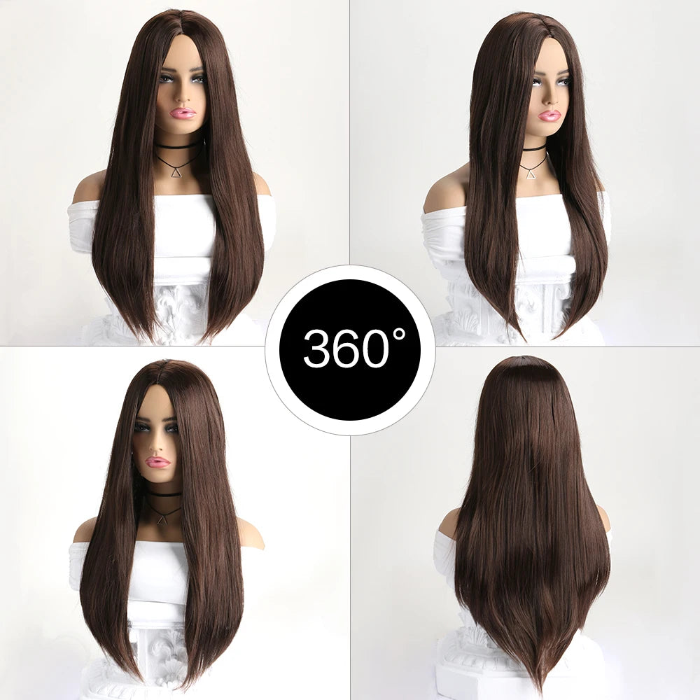 26 Inch Long Straight Wig Mid Bangs Women Black Ombre Heat Resistant Wigs For Daily Use Cosplay Halloween Costume Party KW-005F 26inches 1pc