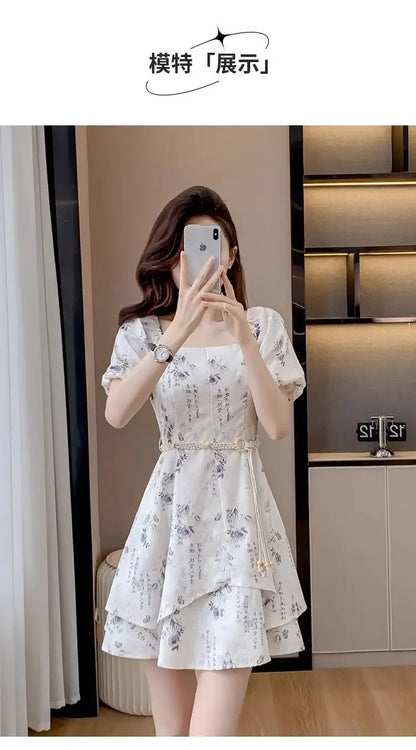 Square Neck Short-sleeved Women 2025 Summer New Chinese Puff Short-sleeved Retro Waist-hugging A-line Dress