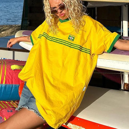 Brazil Embroidery Yellow Tshirt Casual Loose Medium And Long Sleeves Y2k Clothing Tops Oversized T-shirt Beach Summer Women Tees