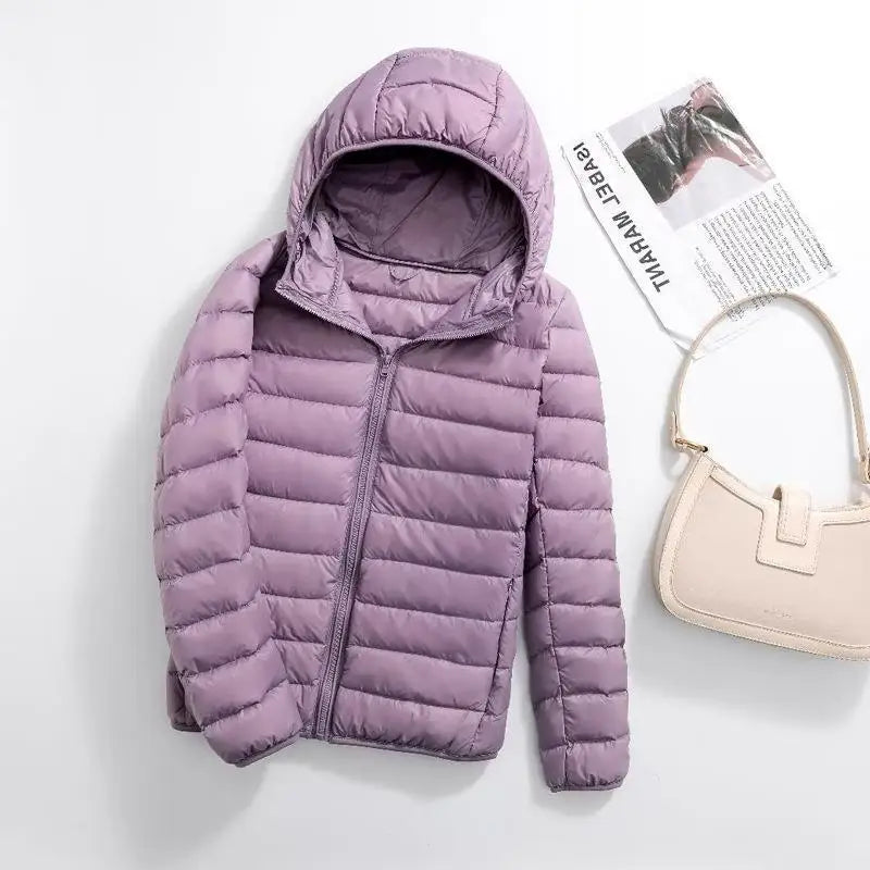 Plus Size 2023 Autumn and Winter New Women Lightweight Puffer Jacket Female Hooded Slim-fit White Duck Down Warm Short Coats light purple