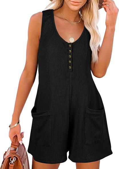 Women Loose Overalls Boho Solid Color V Collar  Pocket Sleeveless Rompers Summer Casual Clothes Short Jumpsuit Badiee Stylez