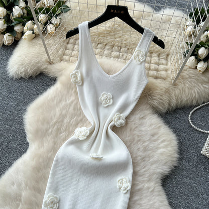 SINGREINY Knitted 3D Flower Chic Dress Sleeveless Slim Solid Elastic Sundress Women Summer Casual Fashion Bodycon Long Dresses