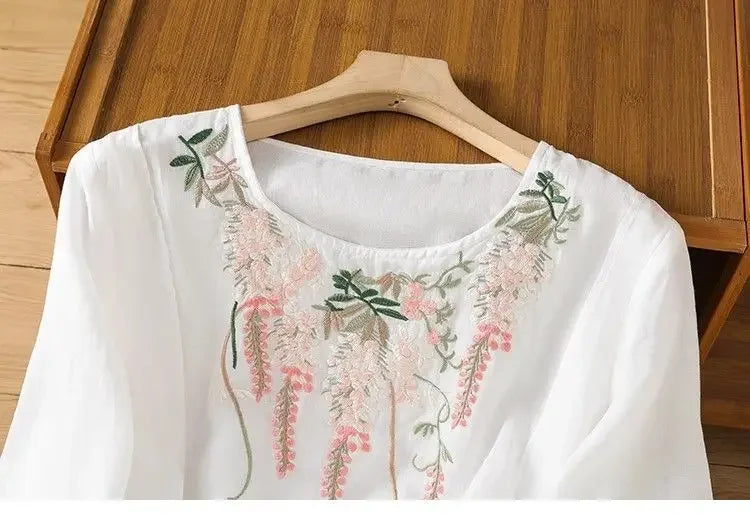 Thin Streetwear Vintage Clothes Ethnic Style Cotton Linen Shirts for Women Clothing Top Tshirt Tees Fashion Casual Embroidery