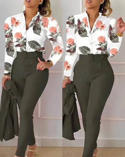 Elegant Women Printed Two Piece Suit Sets Spring Autumn V Neck Long Sleeve Shirt Top & Long Pants Set With Belt Workwear Outfits
