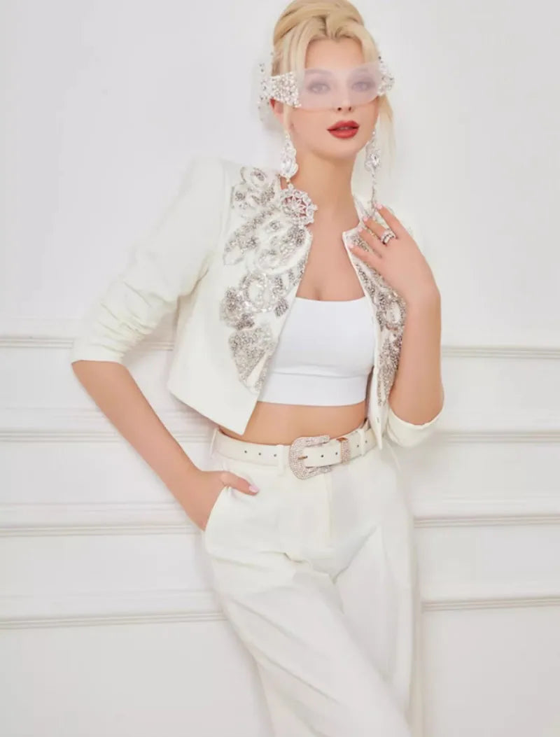Elegant Office Ladies Designer Handmade Diamonds Slim Fit Short Jacket Hgih Waist Wide Leg Pants Women Two Piece Set Size S-5XL Badiee Stylez