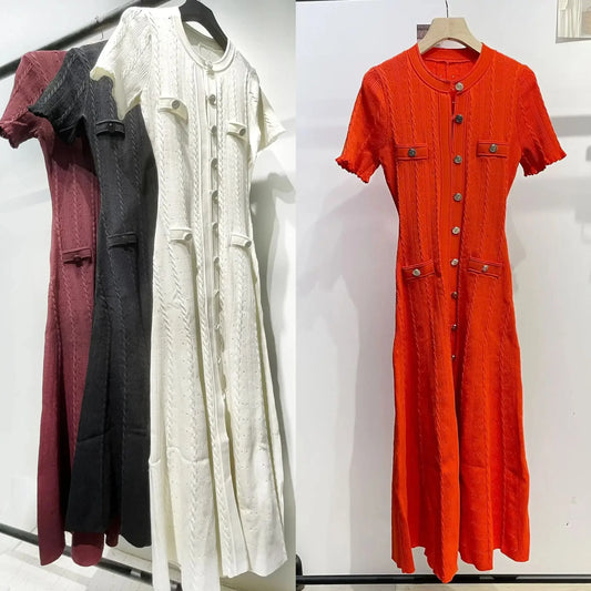 Women O-Neck White Knit Thread Mid-Length Dress Summer 2024 New Elegant Lady Ruffled Sleeve Single Breasted Slim Long Robe Badiee Stylez