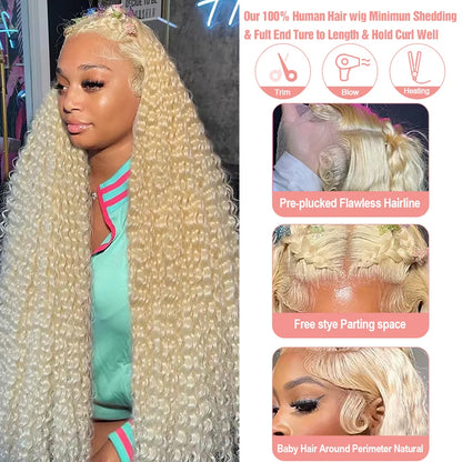 613 Blonde HD Lace Frontal Wig 13x4 13×6 Deep Wave Lace Front Human Hair Wig Colored Curly Wigs Water Wave Wigs For Women ﻿ ﻿ Badiee Stylez
