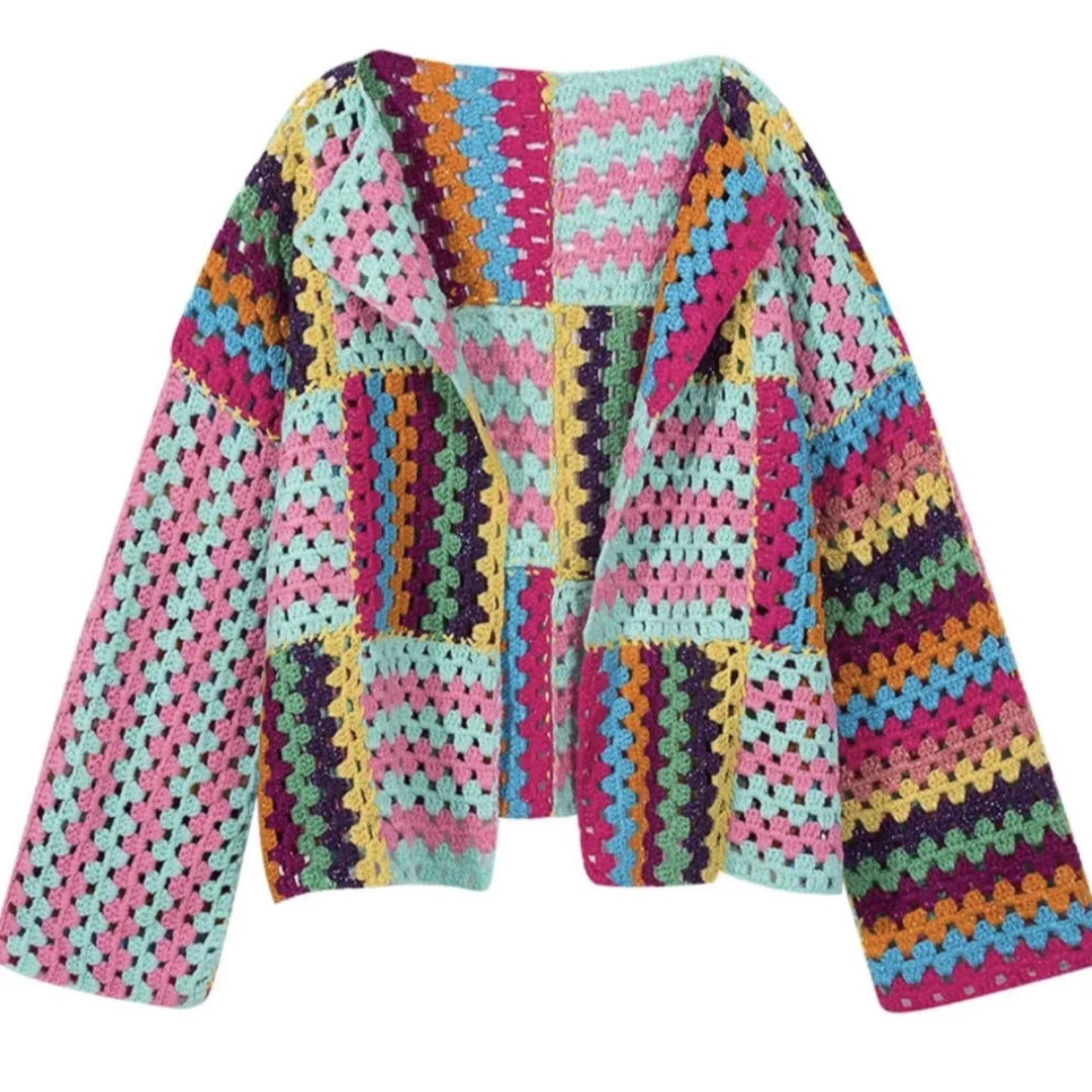 Colorful Crochet Knitted Hollow Cardigan Sweater Jacket New Top Loose Women's Clothing rainbow One Size