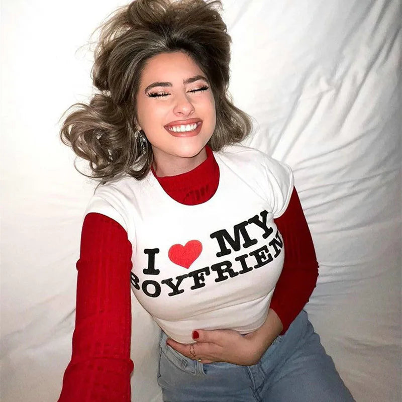 I LOVE MY BOYFRIEND Summer Fashion Girls Cotton Crop Tee Short Short Sleeve Women T-Shirt