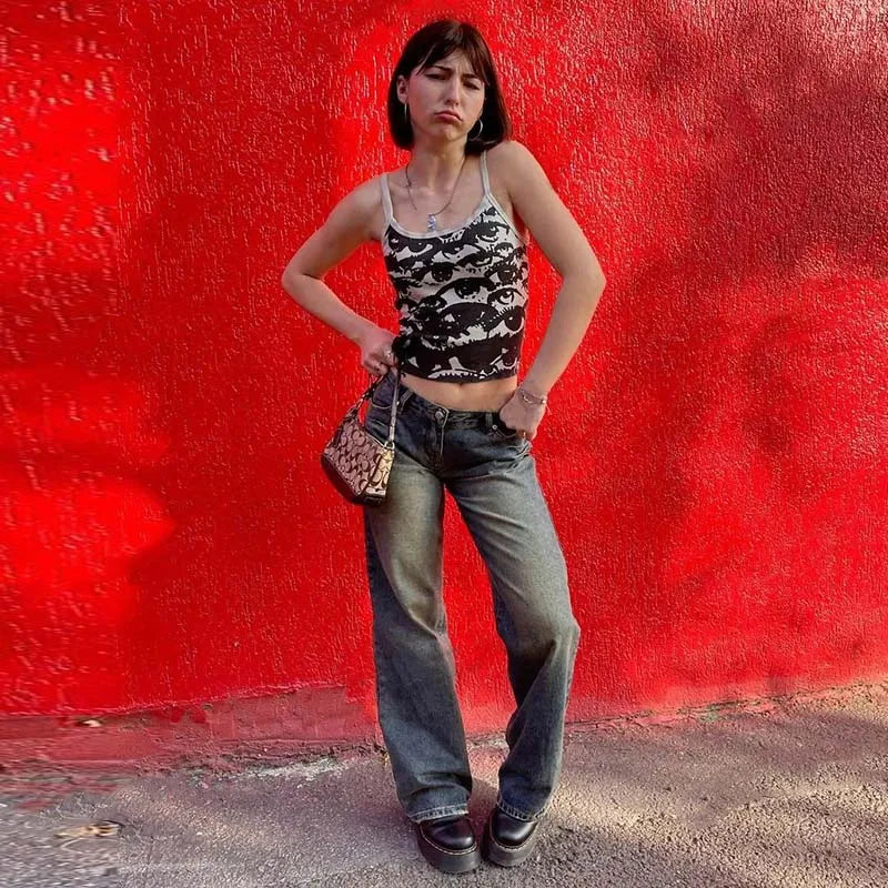 Gothic Portrait Print T-shirt Aesthetic Y2K Crop Tops Short Sleevle Vest Tees Harajuku Streetwear White Suspenders Women Clothes