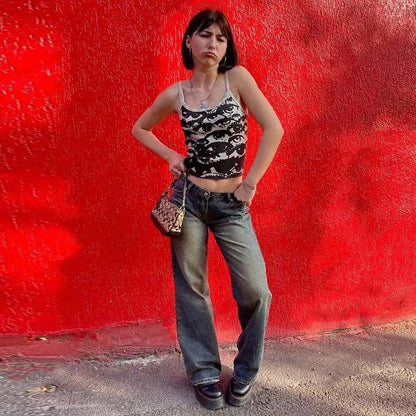 Gothic Portrait Print T-shirt Aesthetic Y2K Crop Tops Short Sleevle Vest Tees Harajuku Streetwear White Suspenders Women Clothes