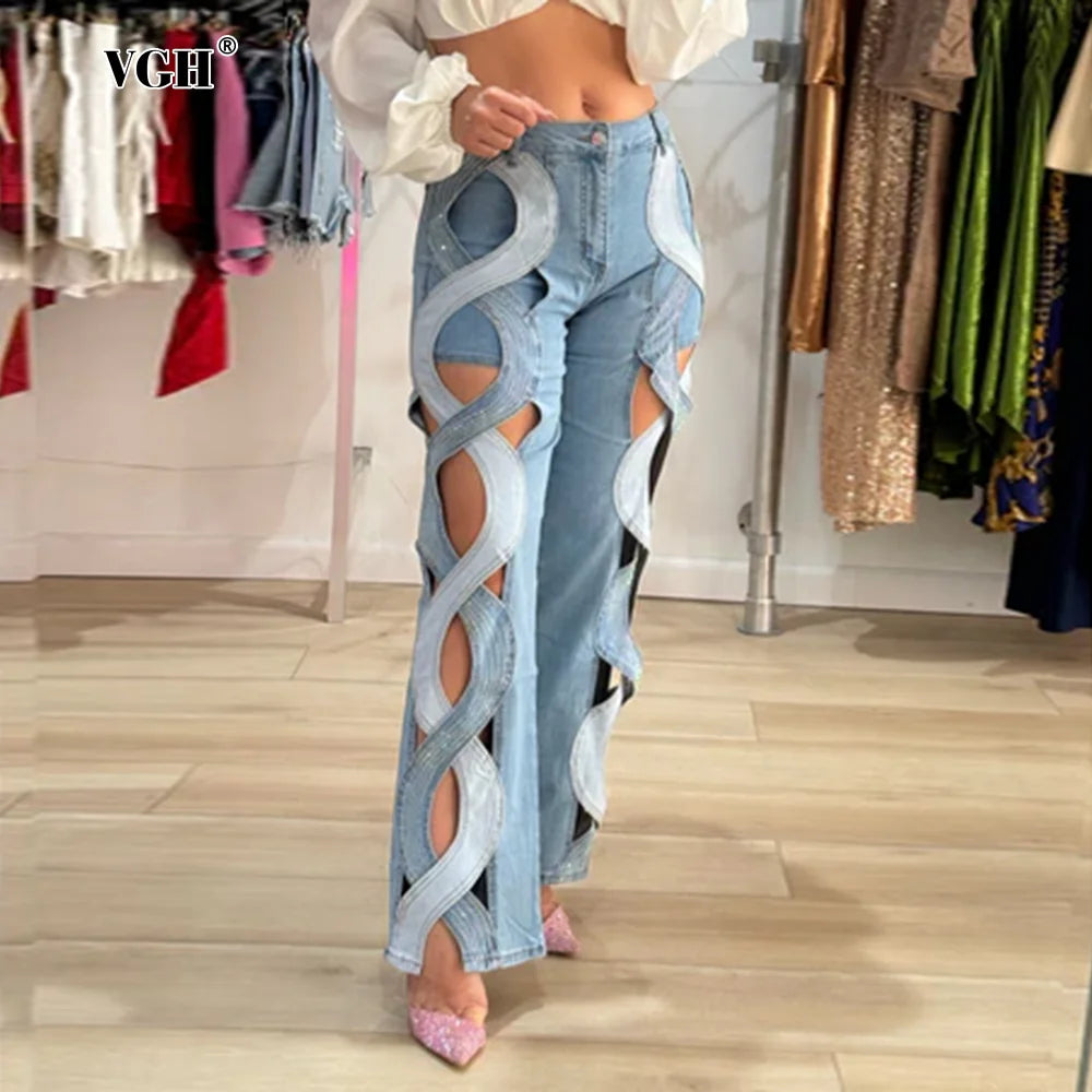 VGH Crisscross Hit Color Streetwear Denim Trousers For Women High Waist Patchwork Pockets Hollow Out Split Pants Female 2024