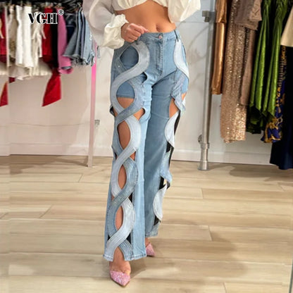 VGH Crisscross Hit Color Streetwear Denim Trousers For Women High Waist Patchwork Pockets Hollow Out Split Pants Female 2024
