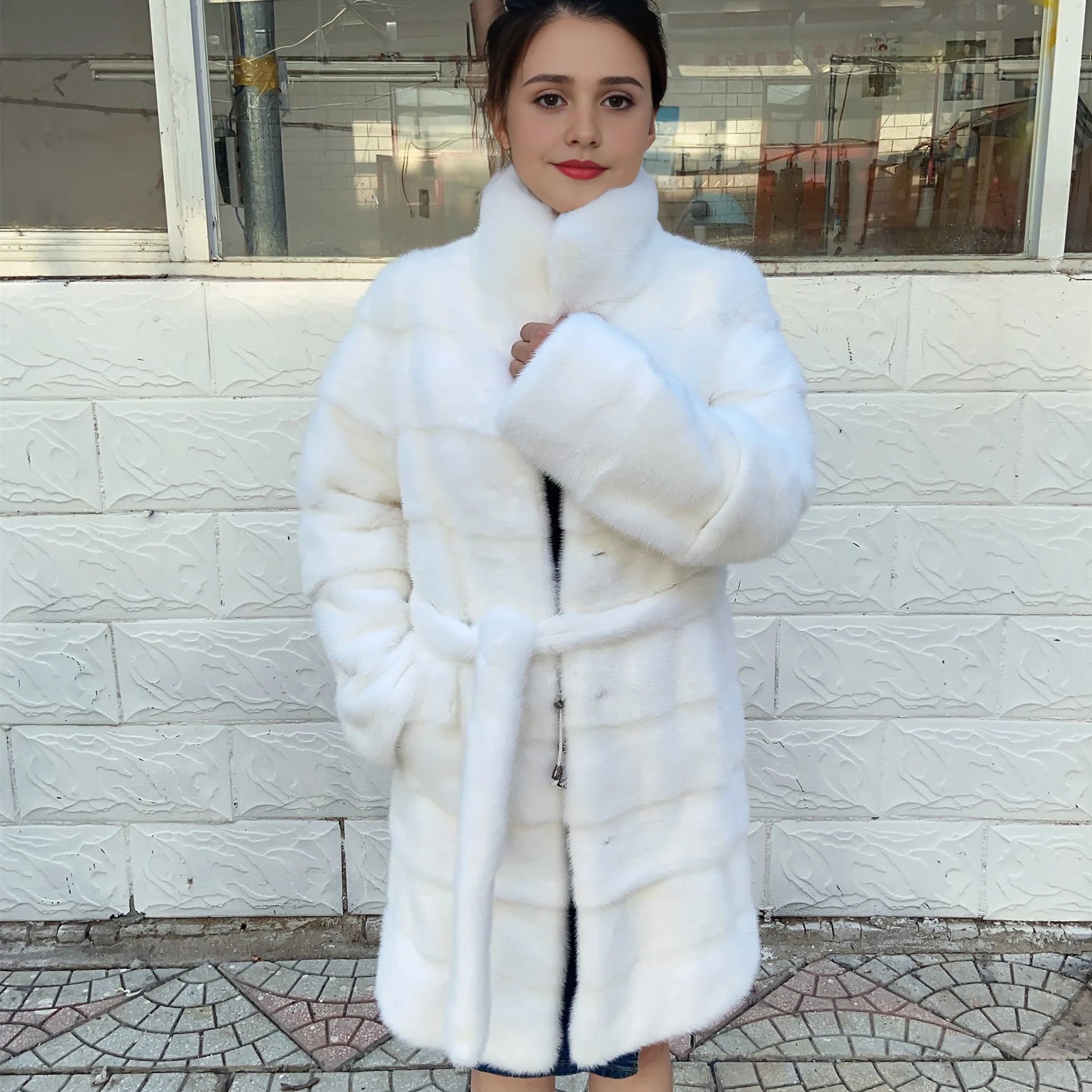 Fancy Rani Real Mink Fur Coat Natural White Women Winter Long Leather Jacket Luxury Female Clothes Mink Fur Coat Women Promotion Badiee Stylez