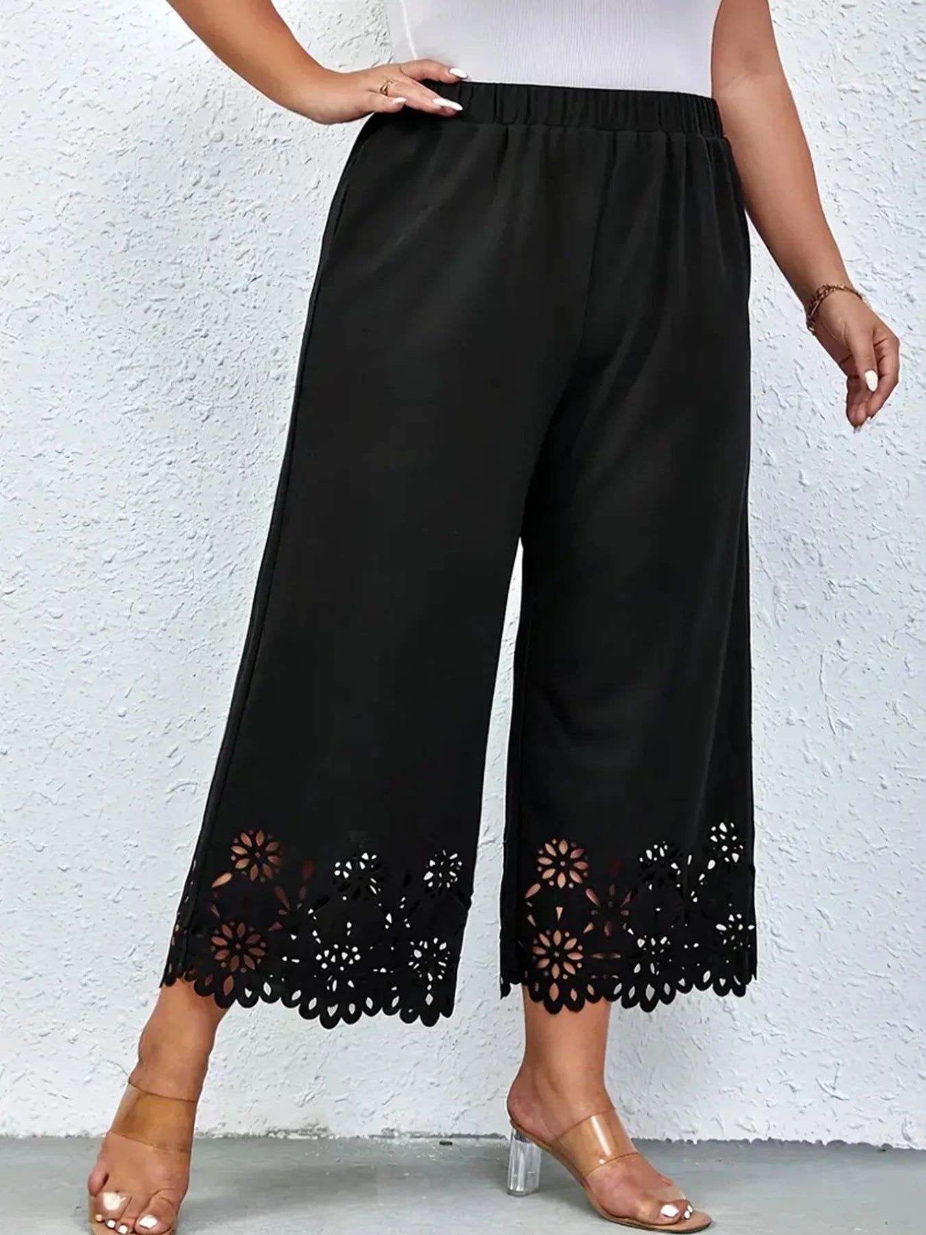 Women's 2024 summer new plus size knitted fabric elegant temperament hollow wide leg pants