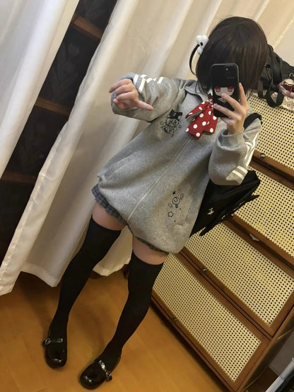 Preppy Style Fashion Cute Japanese Zip Up Cardigan Harajuku Punk Grunge Loose Turn Down Collar Y2k Hoodies Casual Sweatshirts Badiee Stylez