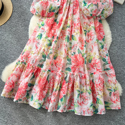 Chic vintage long sleeve lantern sleeve V-neck print pleated Elegant Fairy korean dress women clothing Long dress