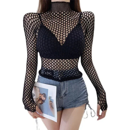 Womens Sexy Mesh Long Sleeve Fishnets Tops Fun Fashion Slim Fit Tops Hollow Out See Through Loose Female T-shirts Crop soft Top 1 One Size CHINA