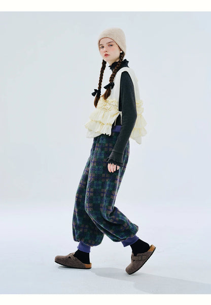 imakokoni2023 autumn and winter original green plaid lamb wool shrink pants 234408 Badiee Stylez