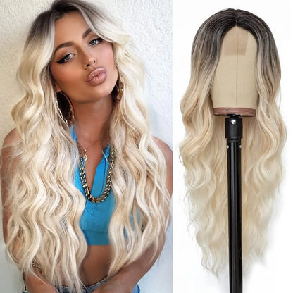 Synthetic Long Lace Wig Matte Silk Ombre Platinum Blonde Wavy Wig for Women 26 Inch Curly Middle Part Extension for Daily Platinum Blonde 26inches