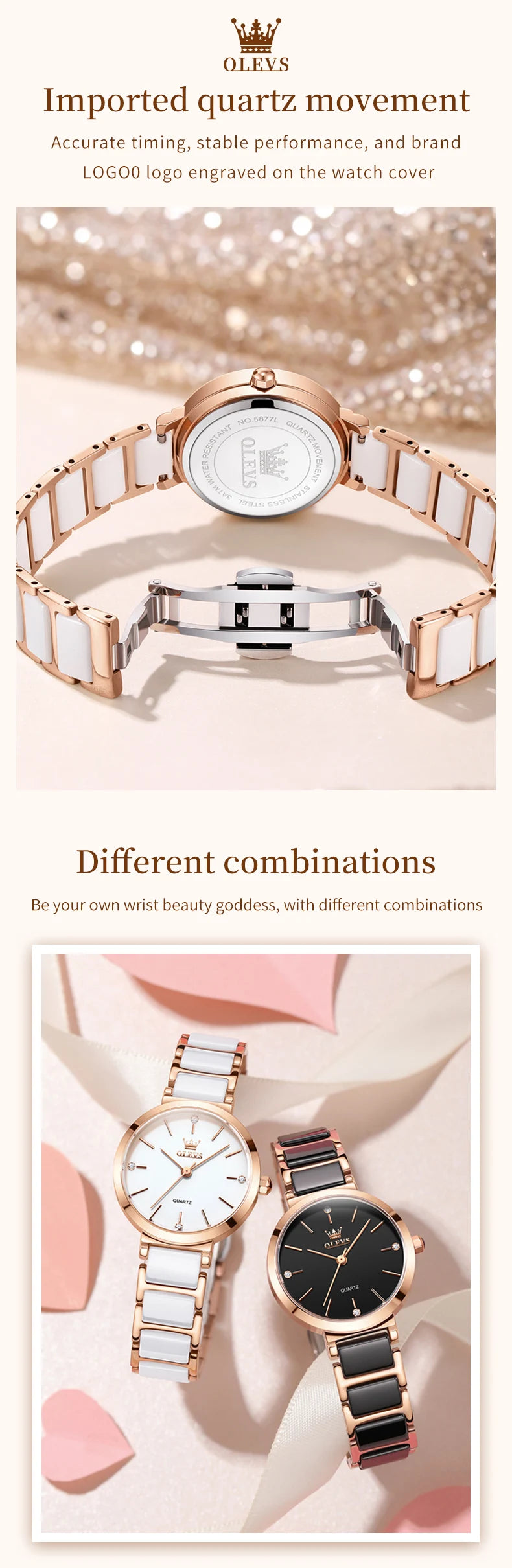 OLEVS 5877 Japan Quartz Movement Woman Watch Simple Elegant Luxury Rose Gold Ceramics Strap Waterproof Ladies Dress Wristwatch