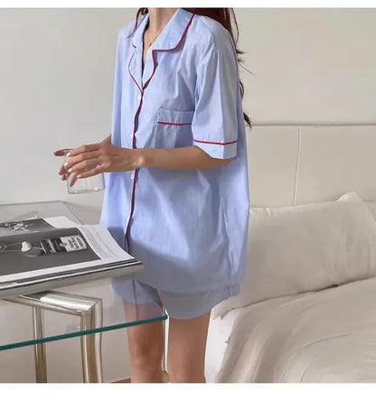 Women's Striped Solid Color Pajamas Short Sleeve Shorts Cardigan with Lapel Student Homewear Two-Piece Set Girl Sleepwear