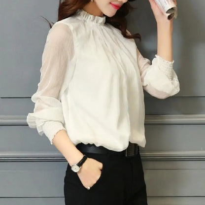 Perspective Net Mesh Sleeve Office Shirt Top Elastic Cuffs Women Shirt Elegant Ruffle Collar Blouse Solid Color Chiffon Shirt