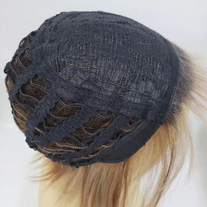 Women's Fashion Bob Hair Short Blonde Bob Wigs with Bangs Black Roots Straight Synthetic Ombre Hair Party Wig for Lady