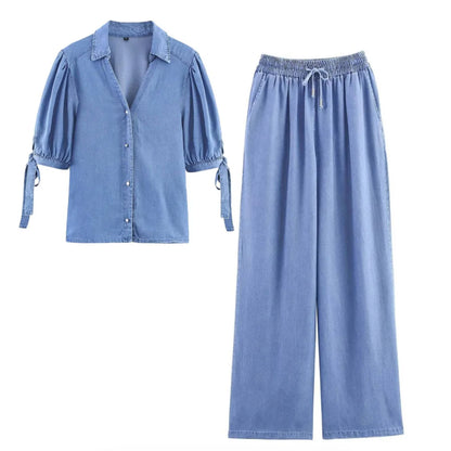 HH Women Solid Pant Sets Short Sleeves Bow Single-breasted Turn-Down Collar Shirts+Autumn Elastic Waist Pockets Wide Leg Pants Badiee Stylez