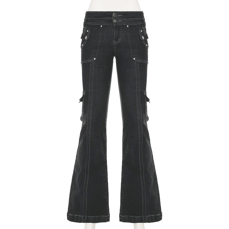Weekeep Punk Style Star-shaped Rivet Jeans Low Rise Multi-pockets Patchwork Denim Cargo Pants Korean Fashion Hippie Flared Jeans