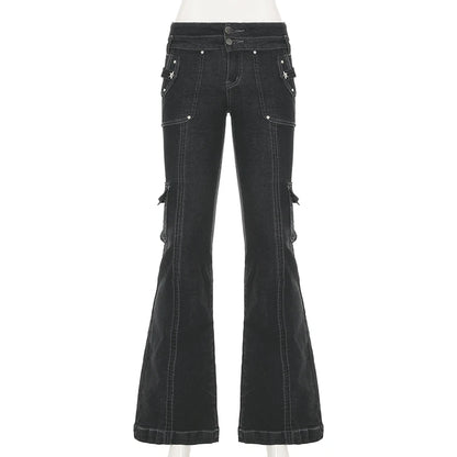 Weekeep Punk Style Star-shaped Rivet Jeans Low Rise Multi-pockets Patchwork Denim Cargo Pants Korean Fashion Hippie Flared Jeans