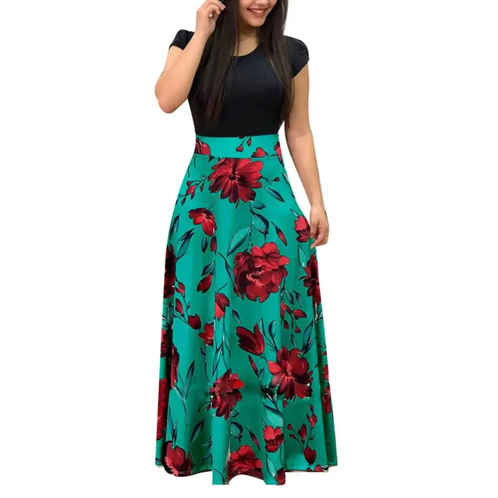 Elegant Women's Long Dress Flower Retro Printed Patchwork Long Sleeve Banquet Maxi Robe S-5XL Badiee Stylez