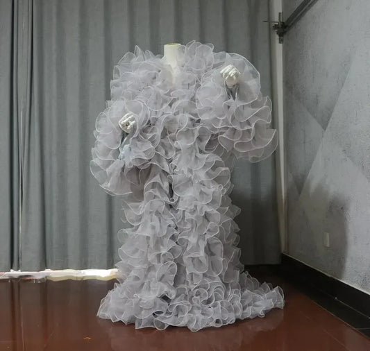 Gorgeous silver organza Jacket Women Full Sleeves Dresses Ruffles  Floor Length Long Robe Dress To Photoshoot custom size color Badiee Stylez