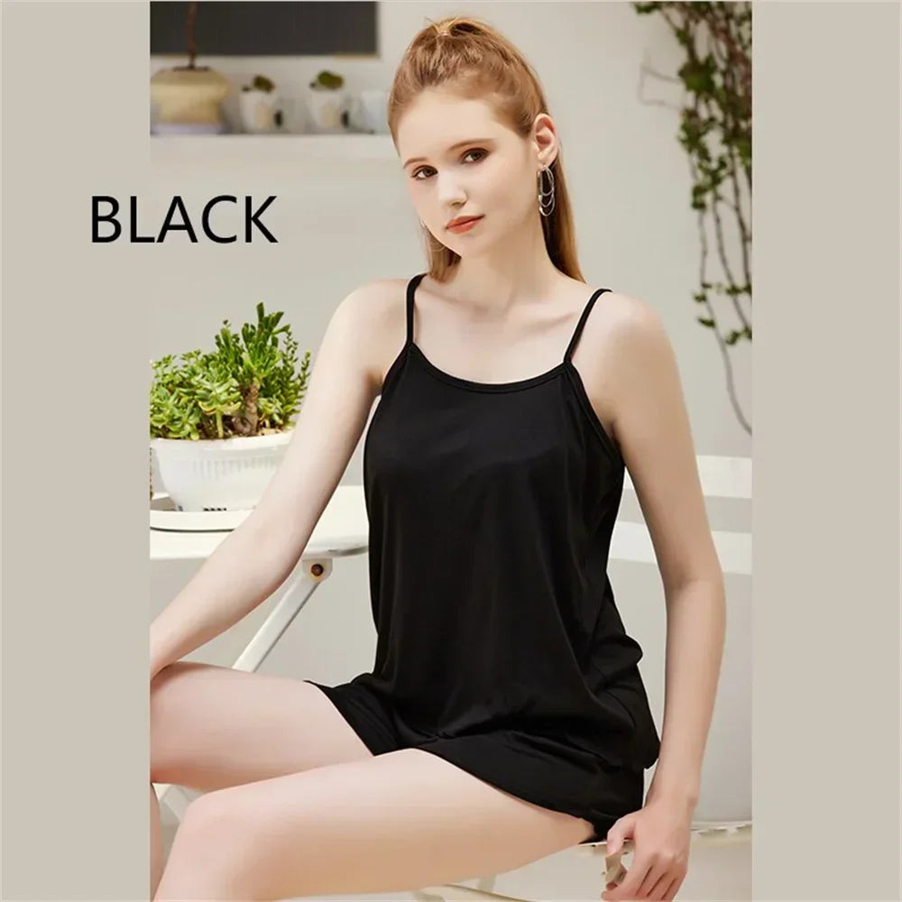 Women Casual Pajamas 2025 Sexy Sleepwear Pajama Set Nightgowns Camisole Shorts Nightclothes Spagjetti Strap Black Smooth Soft black