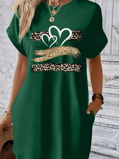 Women'S Casual Knit TShirt Dress with Heart Print Crew Neck Short Sleeve Fashionable Top Black with Colorful Flag Design