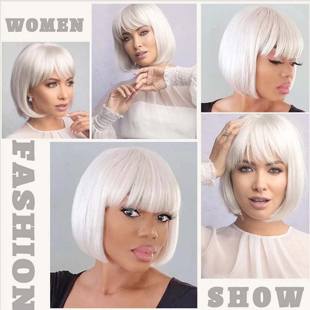 HAIRJOY Women Short Straight White Bob Wig with Bangs Synthetic Hair for Daily Party Cosplay Halloween