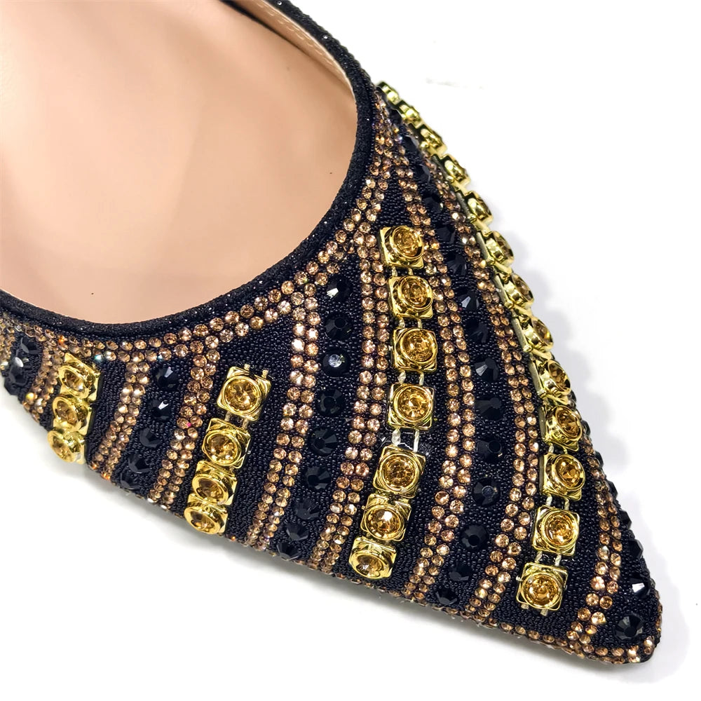 2025 Luxurious Italian Women's Party Shoes & Bag Set – Elegant Golden Rhinestone Spring/Summer Sandals with Pointed High Heels f