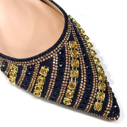 2025 Luxurious Italian Women's Party Shoes & Bag Set – Elegant Golden Rhinestone Spring/Summer Sandals with Pointed High Heels f