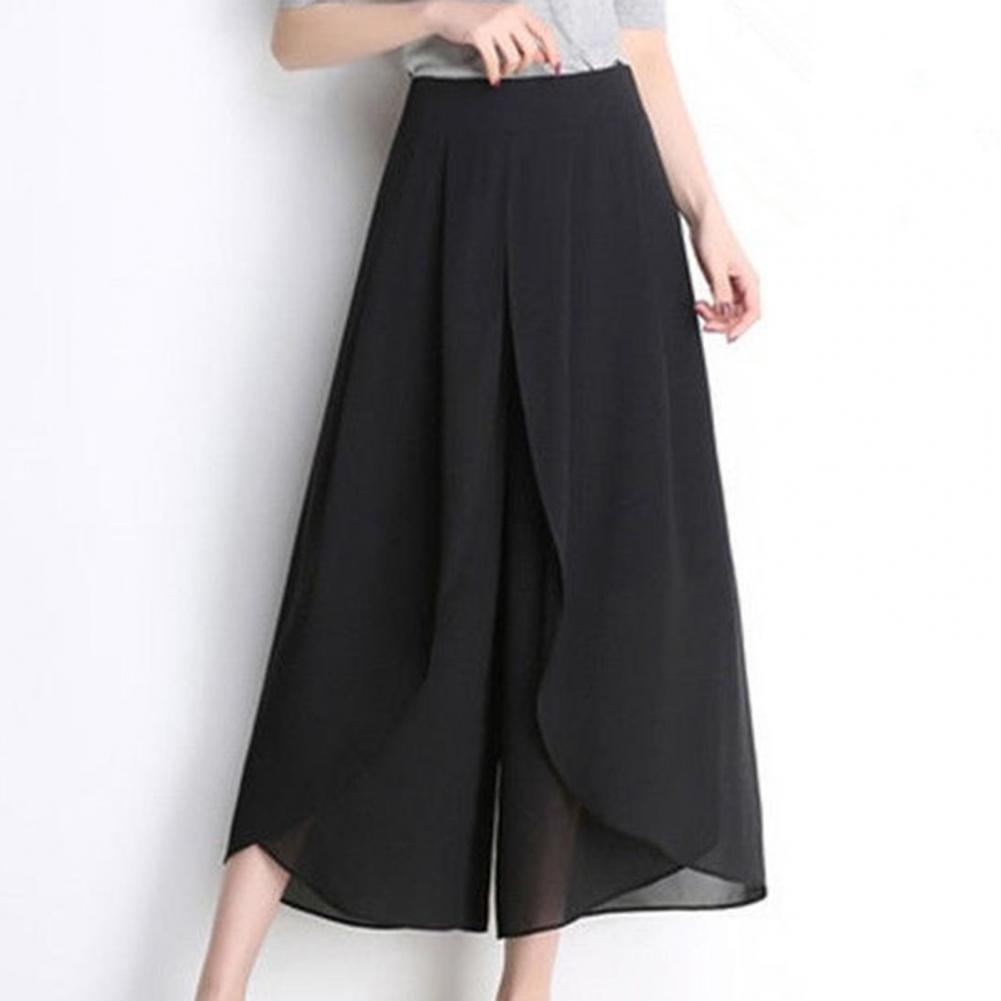 High Waist Pants See-through Chiffon Trousers Chic Women's Chiffon Skirt Pants Double Layered Wide-leg Mid-calf Cropped for A