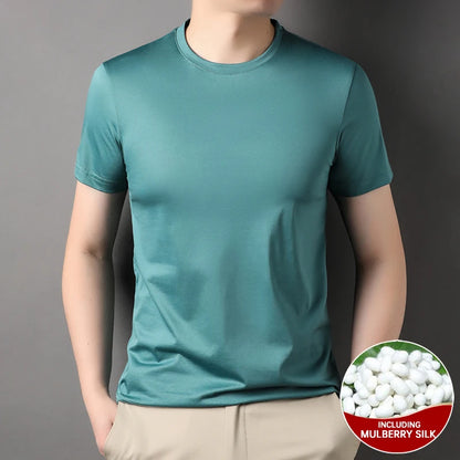 Top Grade 1.7% Mulberry Silk New Brand Tops Round Neck t Shirts For Men 2025 Summer Short Sleeve Casual Fashion Mens Clothing Pea Green