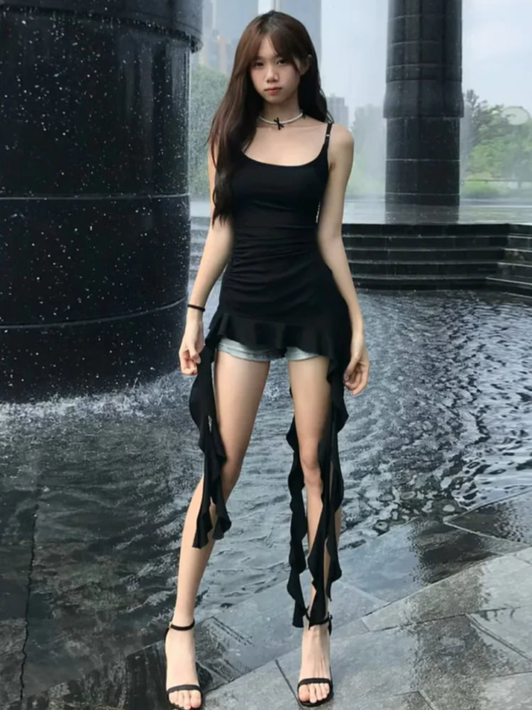 2025 Women Clothing Black Tunic Y2k Top Ruffles Sexy Camis Ropa Mujer Irrgeular Tassel Summer Vest Fashion Korean Crop Tanks