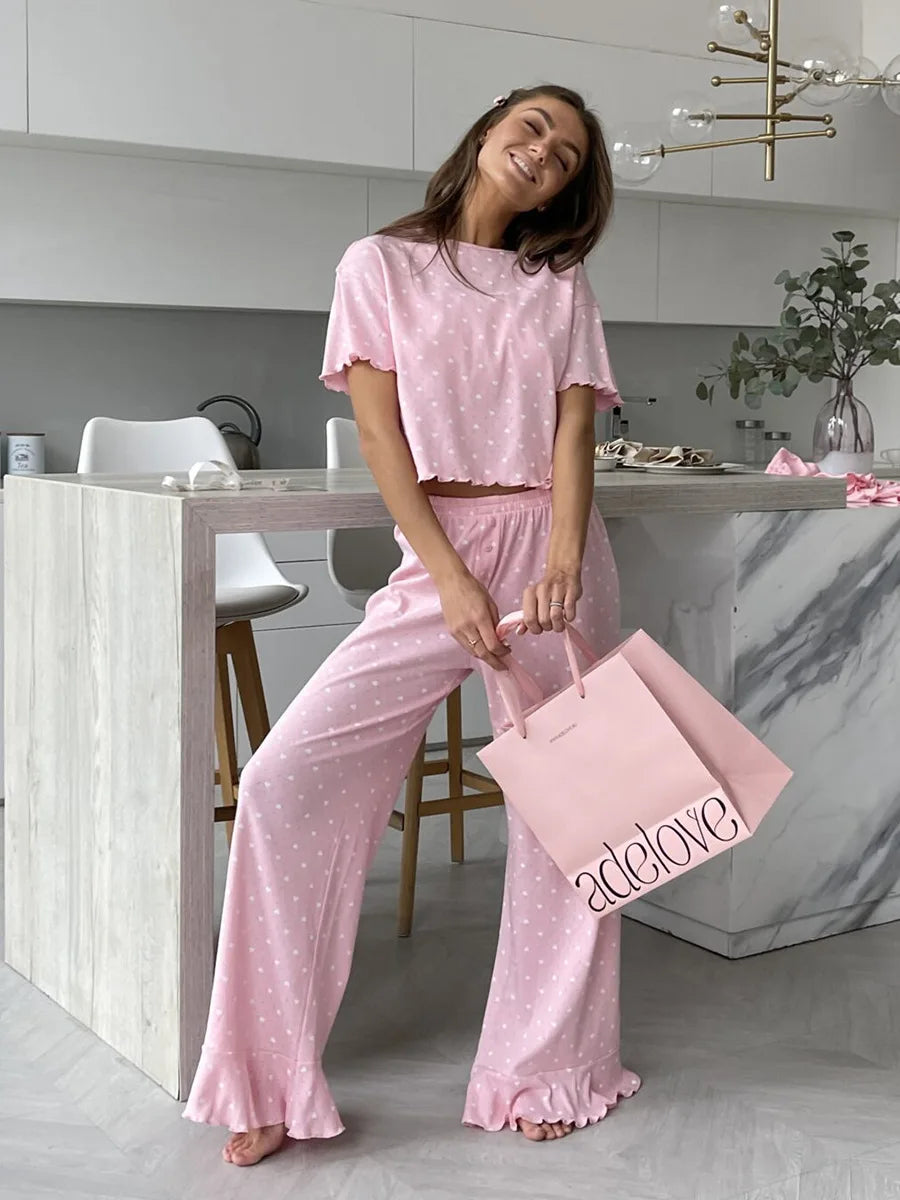 Muzuleva New Fashion Love-Printed Short-Sleeved Pants Pajama Set Women's Summer Pink Sleepwear Loose Casual 2-Piece Set Pink